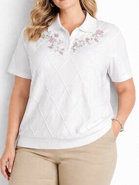 Alfred Dunner White Floral Embroidered Short Sleeve Soft XL Knit Top